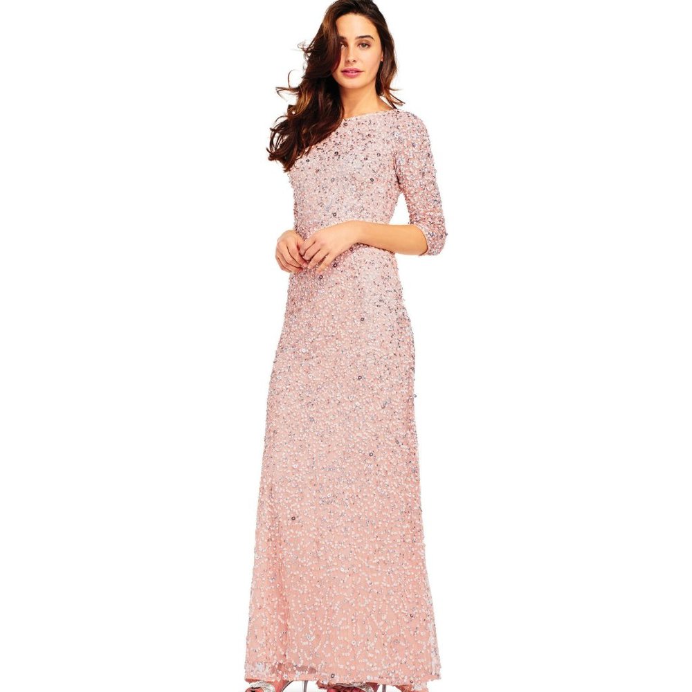 ADRIANNA PAPELL beaded 3/4-sleeve scoop-back sequin gown Blush 16